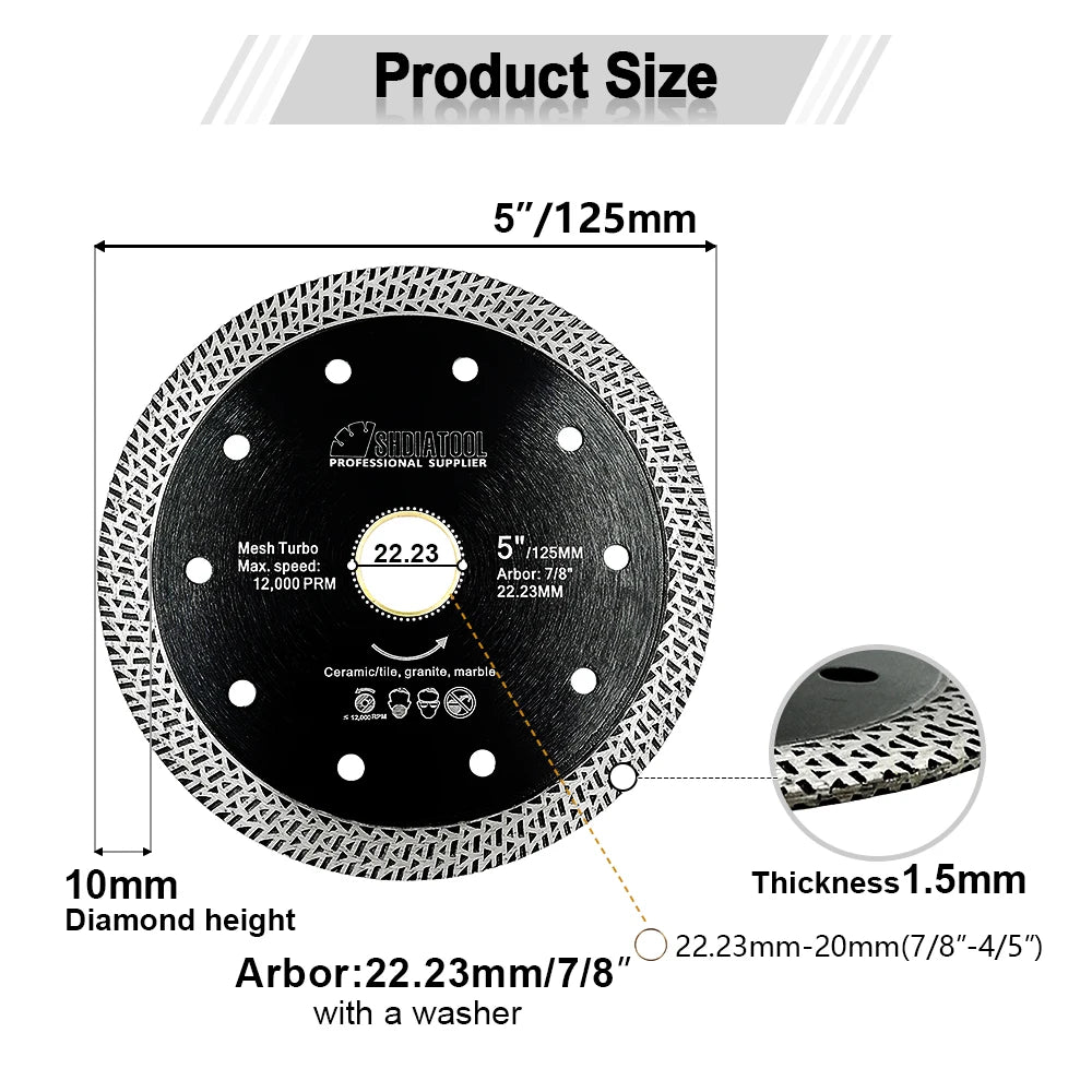 SHDIATOOL 5Pcs 5inch Diamond Mesh Turbo Cutting Disc 125mm Porcelain Marble Stone Saw Blade Circular Ceramic Tile Cutter Plate