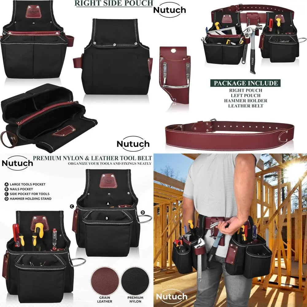Black Carpenter's Tool Belt with Nylon Pouch for Construction, Framing, and Electrical Work