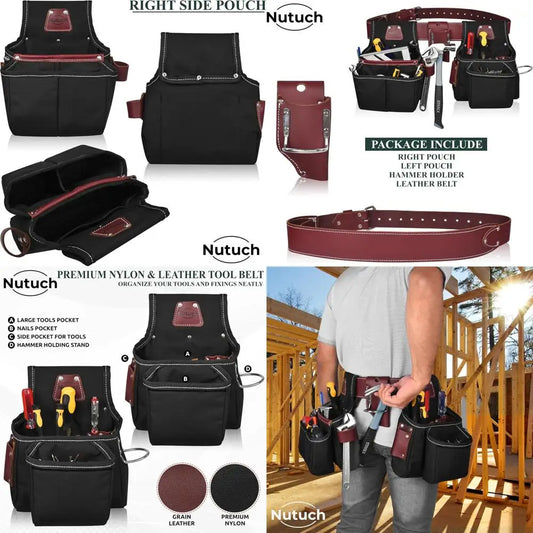 Black Carpenter's Tool Belt with Nylon Pouch for Construction, Framing, and Electrical Work