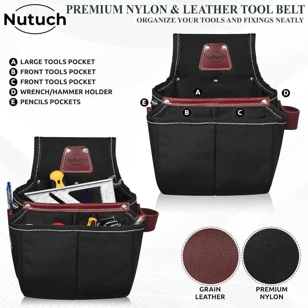 Black Carpenter's Tool Belt with Nylon Pouch for Construction, Framing, and Electrical Work