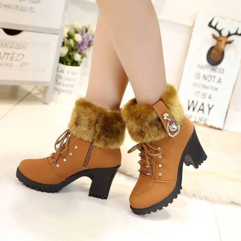 Casual Autumn Women's Ankle Boots Female High Heels Shoes Flock Fashion Zipper Chunky Heels Short Botas Elegant Ladies Footwear