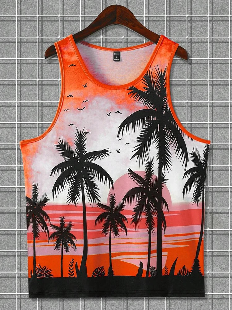 2024 New Summer Casual Men's Sleeveless T-shirt Hawaiian Style Men's Fashion Crew Neck Tank Top Outdoor Beach Men's Tank Top