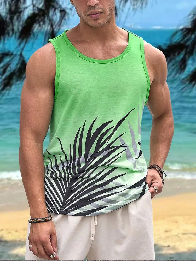 2024 New Summer Casual Men's Sleeveless T-shirt Hawaiian Style Men's Fashion Crew Neck Tank Top Outdoor Beach Men's Tank Top