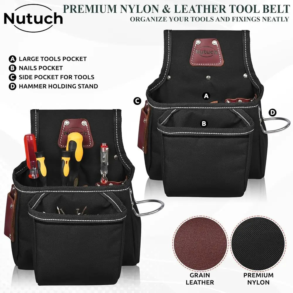 Black Carpenter's Tool Belt with Nylon Pouch for Construction, Framing, and Electrical Work