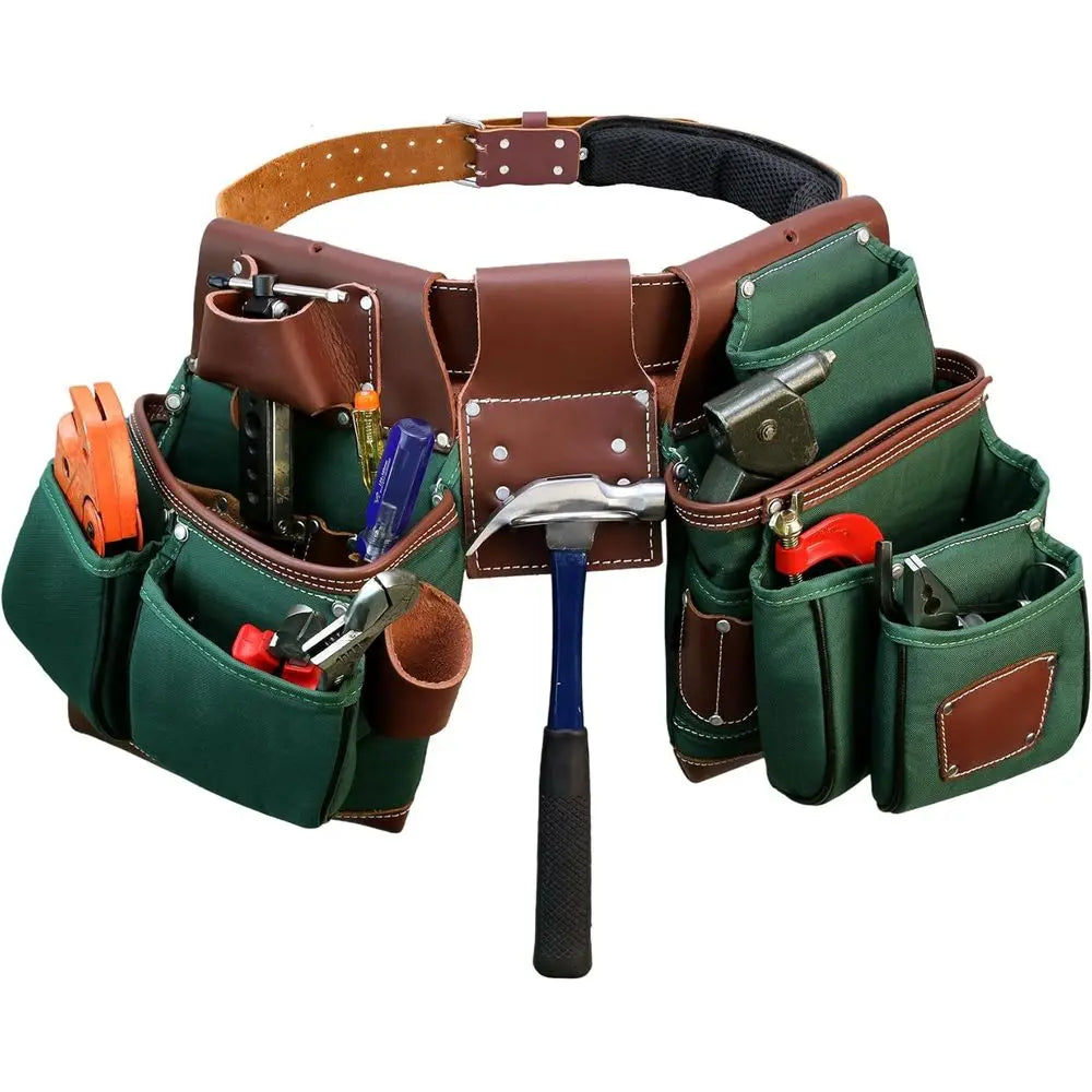 Men's Heavy-Duty Leather & Nylon Tool Belts, Carpenter & Electrician's Leather Belts, Framers Bags, Utility Pouch Kits - Green