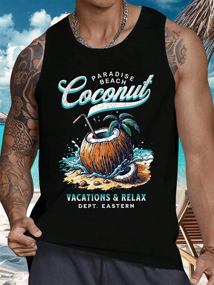 2024 New Summer Casual Men's Sleeveless T-shirt Hawaiian Style Men's Fashion Crew Neck Tank Top Outdoor Beach Men's Tank Top