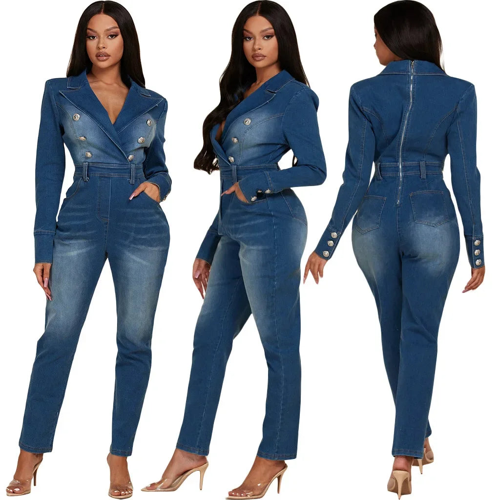 Denim Jumpsuit Women Overalls One Pieces Jean Double Breasted Turn Down Collar Vintage Elegant Streetwear Female Jumpsuits