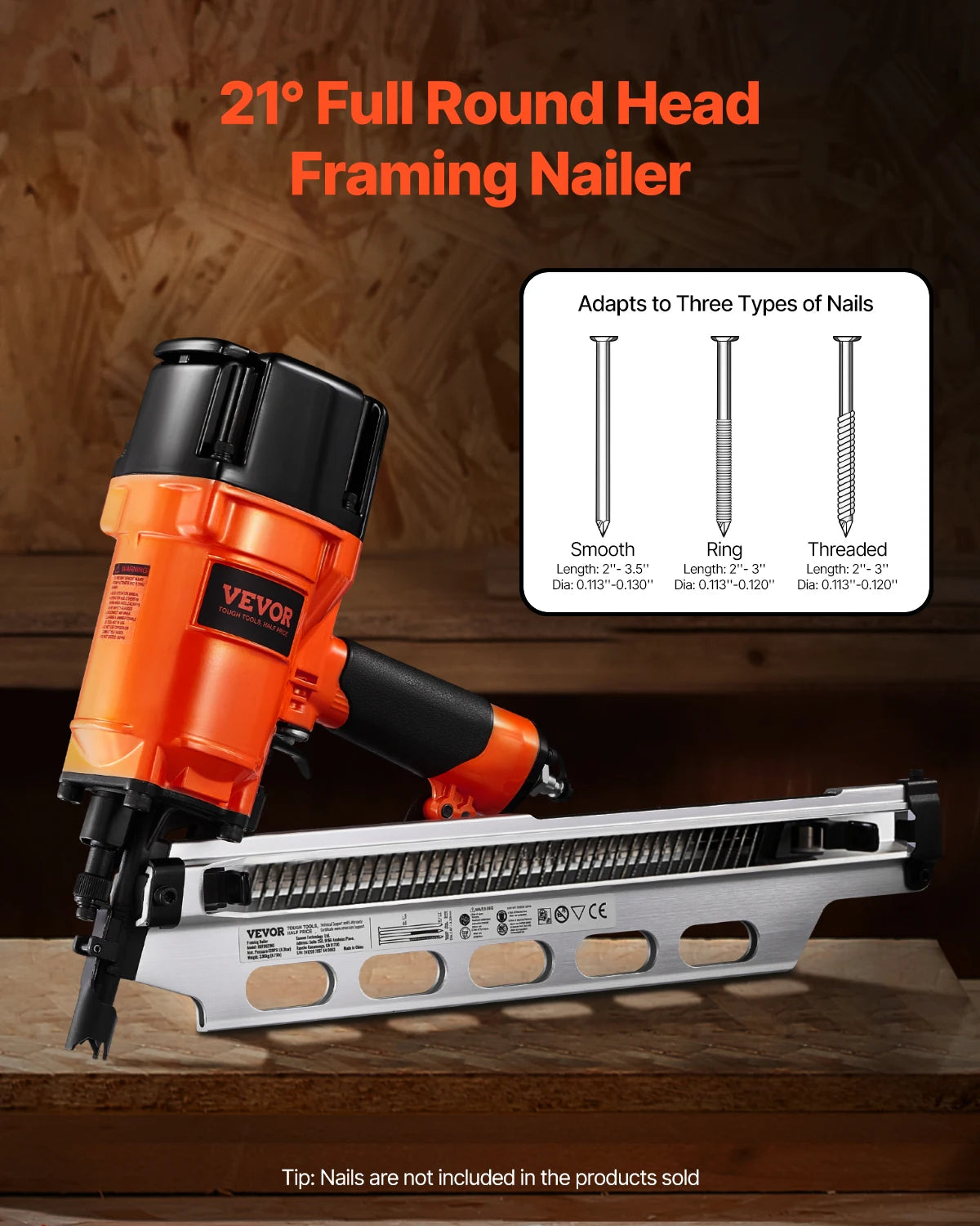 VEVOR Pneumatic Air Nail Gun Framing Nailer 50 to 90 mm Framing Nailer with Dual Trigger Mode 80-120PSI Air Nail Gun for Decking