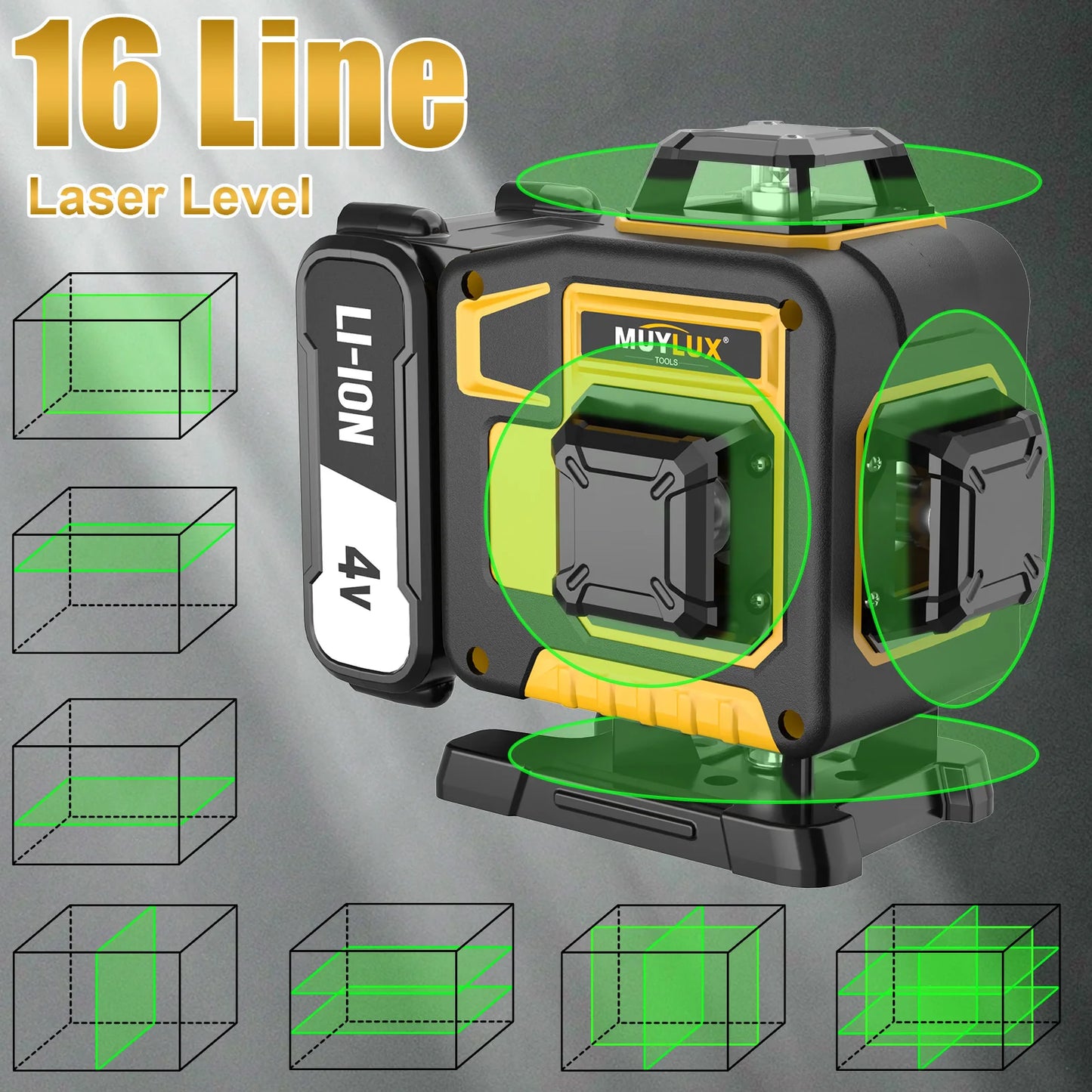 Professional 16-Line 4x360° Laser Level with Green Crosshair Measuring Tool for Home Decoration Includes Tripod And Battery