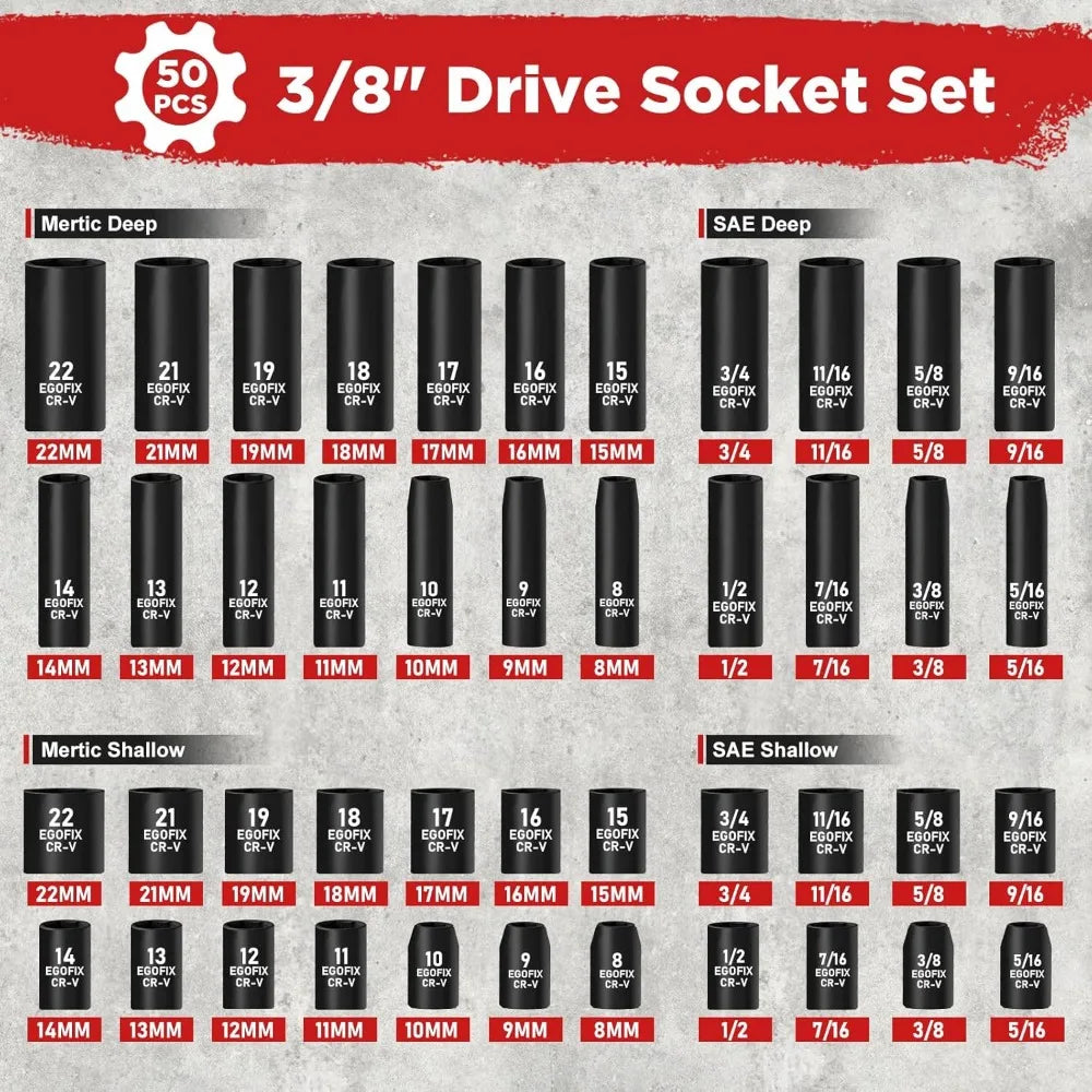 50-Piece 3/8" Impact Socket Set with SAE/Metric Sizes, Ratchet Handle, and Toolbox for Auto Repair