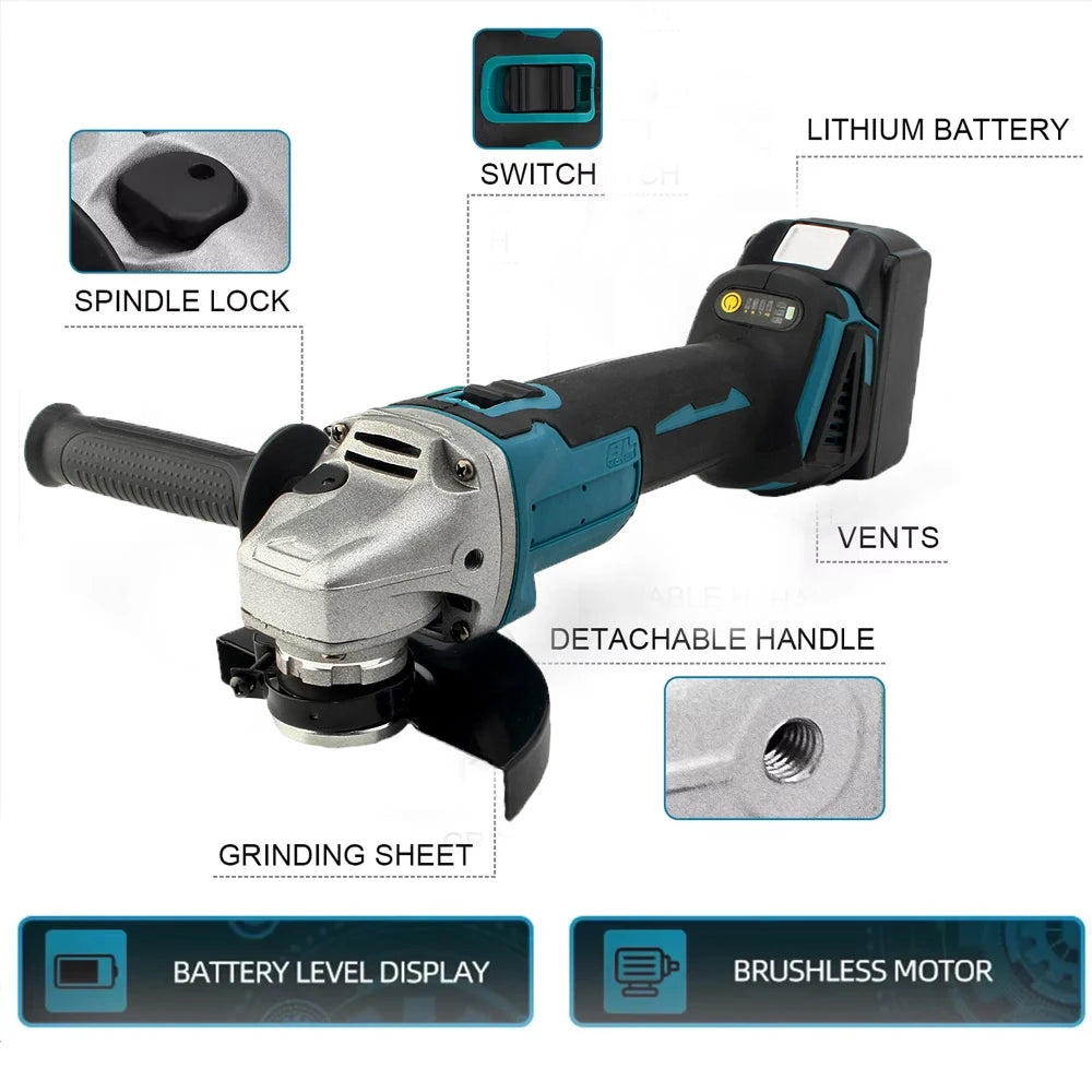 125MM Brushless Electric Angle Grinder Variable Speed M14 Cutting Machine Woodworking Power Tool for Makita 18v Battery