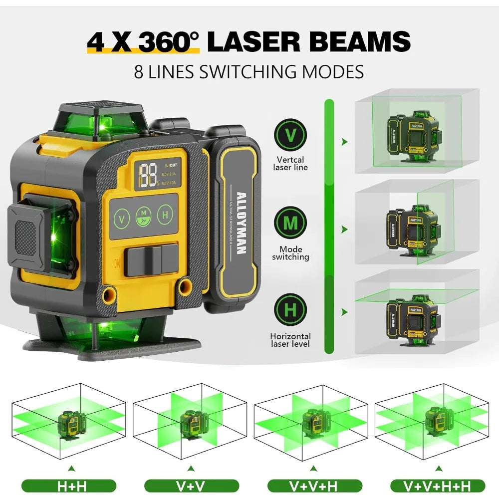 4D 360° Self-Leveling Green Laser Level with Tripod & Batteries