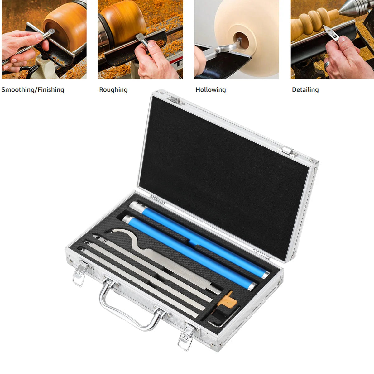 Woodturning Tool Set Carbide Inserts Cutter 6 in 1 Wood Turning Tools Swan Neck Aluminum Handle for Woodworking Lathe