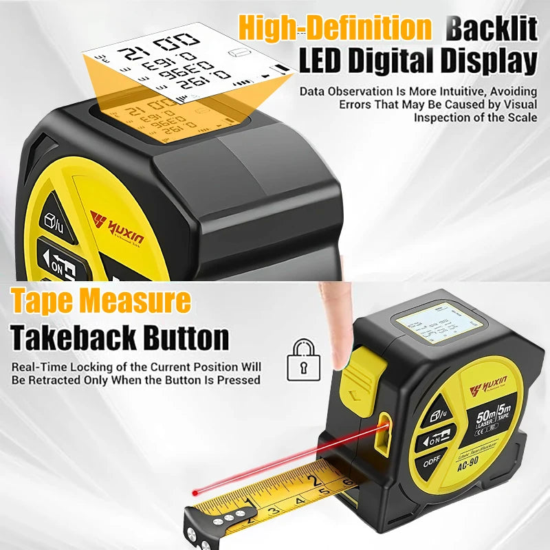 50m Laser 5m Steel Tape Measure - Digital Display Durable Non-slip Accurate Measurement Hook Loop 1PC