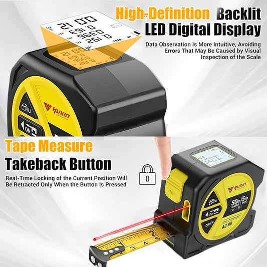 50m Laser 5m Steel Tape Measure - Digital Display Durable Non-slip Accurate Measurement Hook Loop 1PC