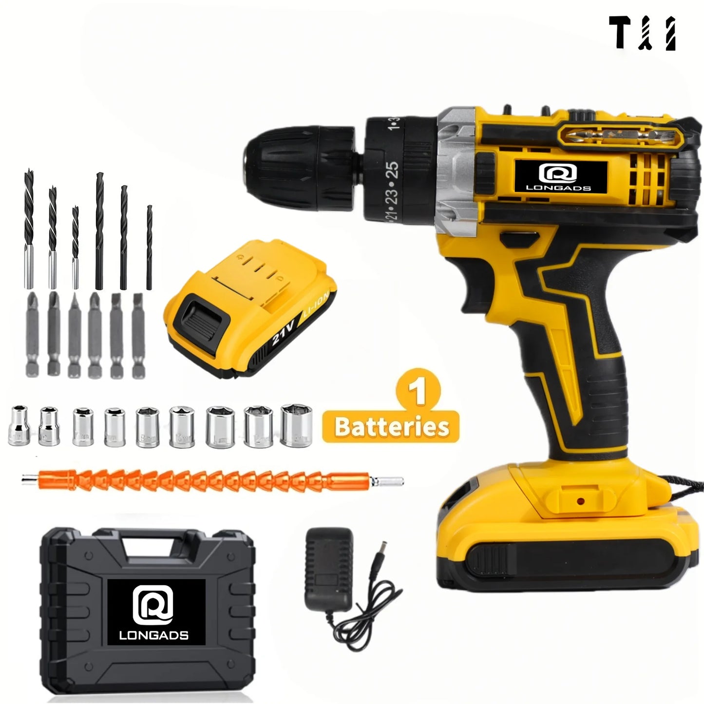 21V Cordless Drill/Driver Kit, 2 Speed, Keyless 3/8" Chase Drill with LED Light, Equipped 1 Or 2 Battery, Compact Design, 25+1Position, Kit for Home, Suitable Construction, Industry & Home Decoration, Men's Gift