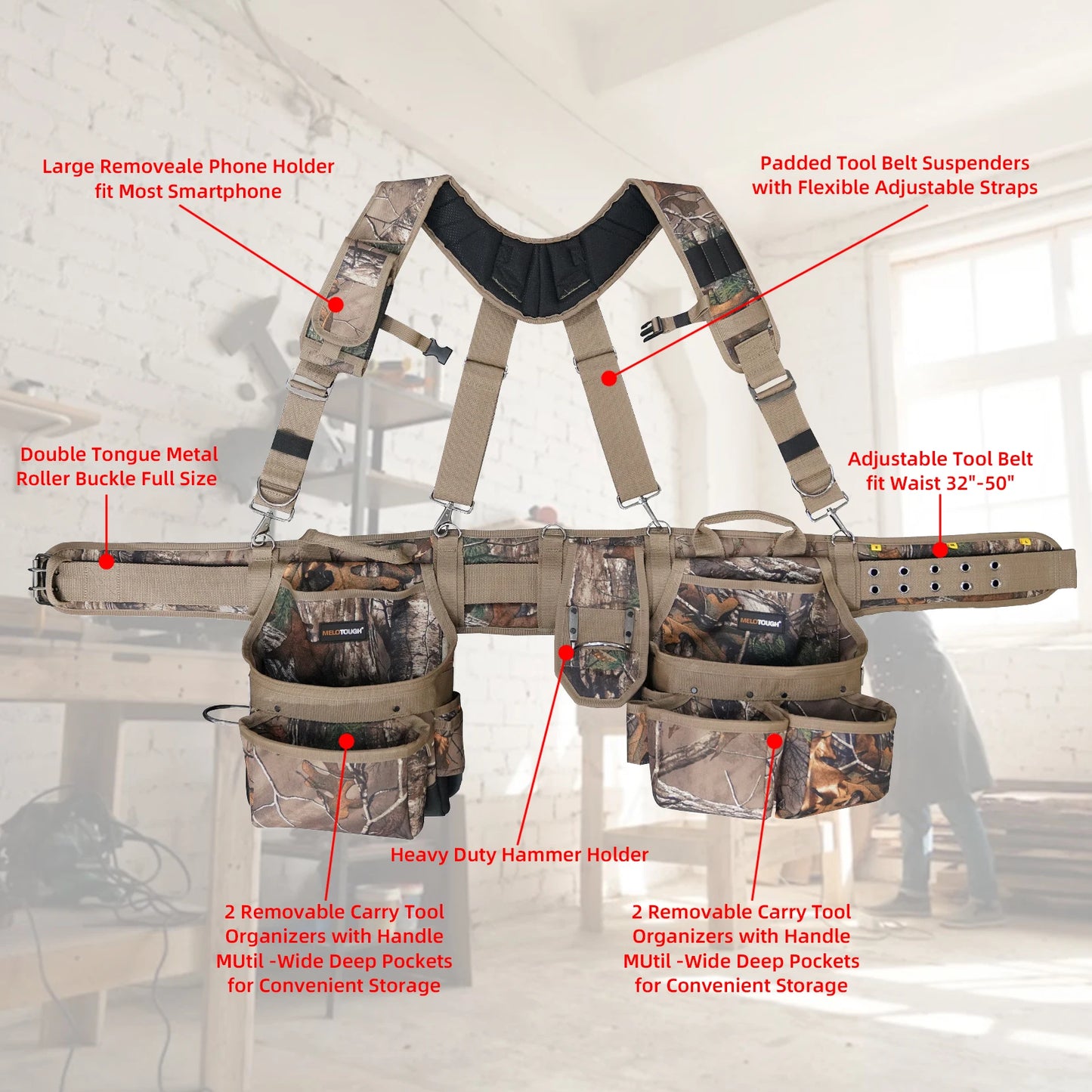 Camo Tool Belt with Suspenders Camouflage Tool Bag Supenders Framers Comb Apron Tool Belt