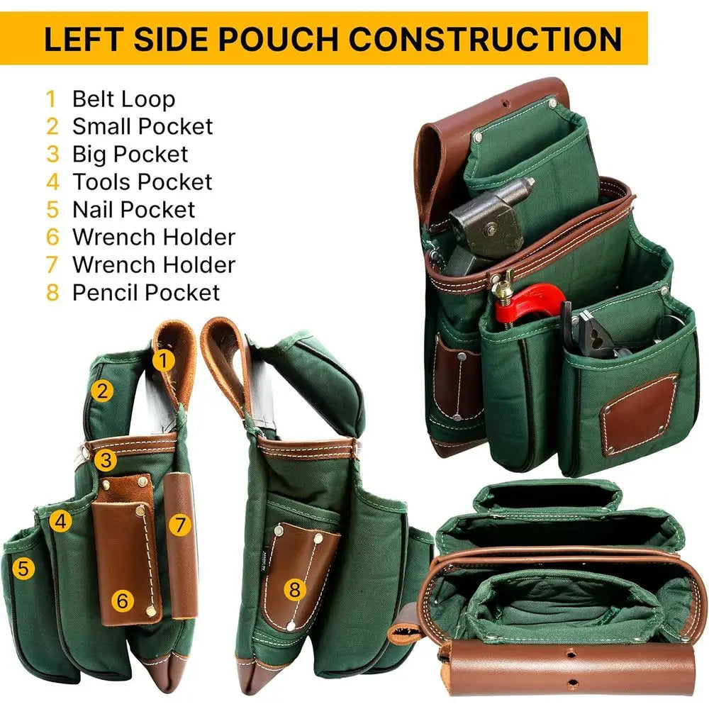 Men's Heavy-Duty Leather & Nylon Tool Belts, Carpenter & Electrician's Leather Belts, Framers Bags, Utility Pouch Kits - Green