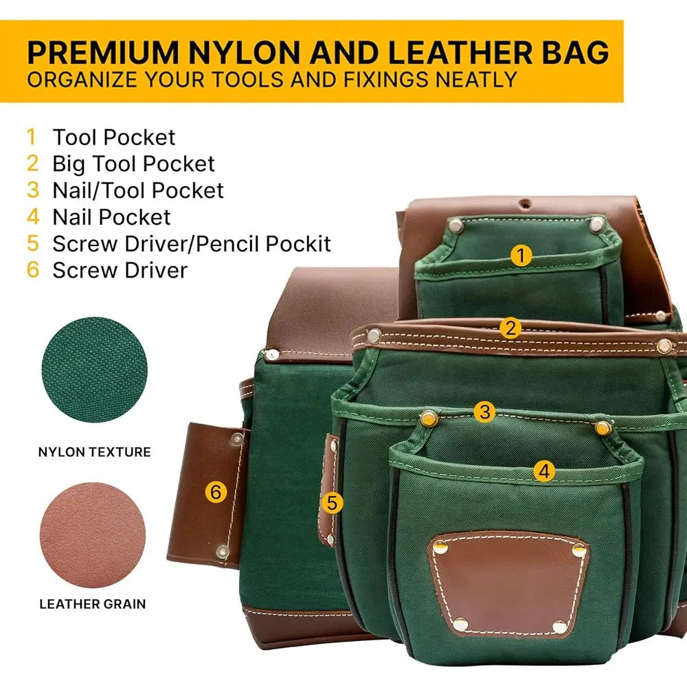 Men's Heavy-Duty Leather & Nylon Tool Belts, Carpenter & Electrician's Leather Belts, Framers Bags, Utility Pouch Kits - Green