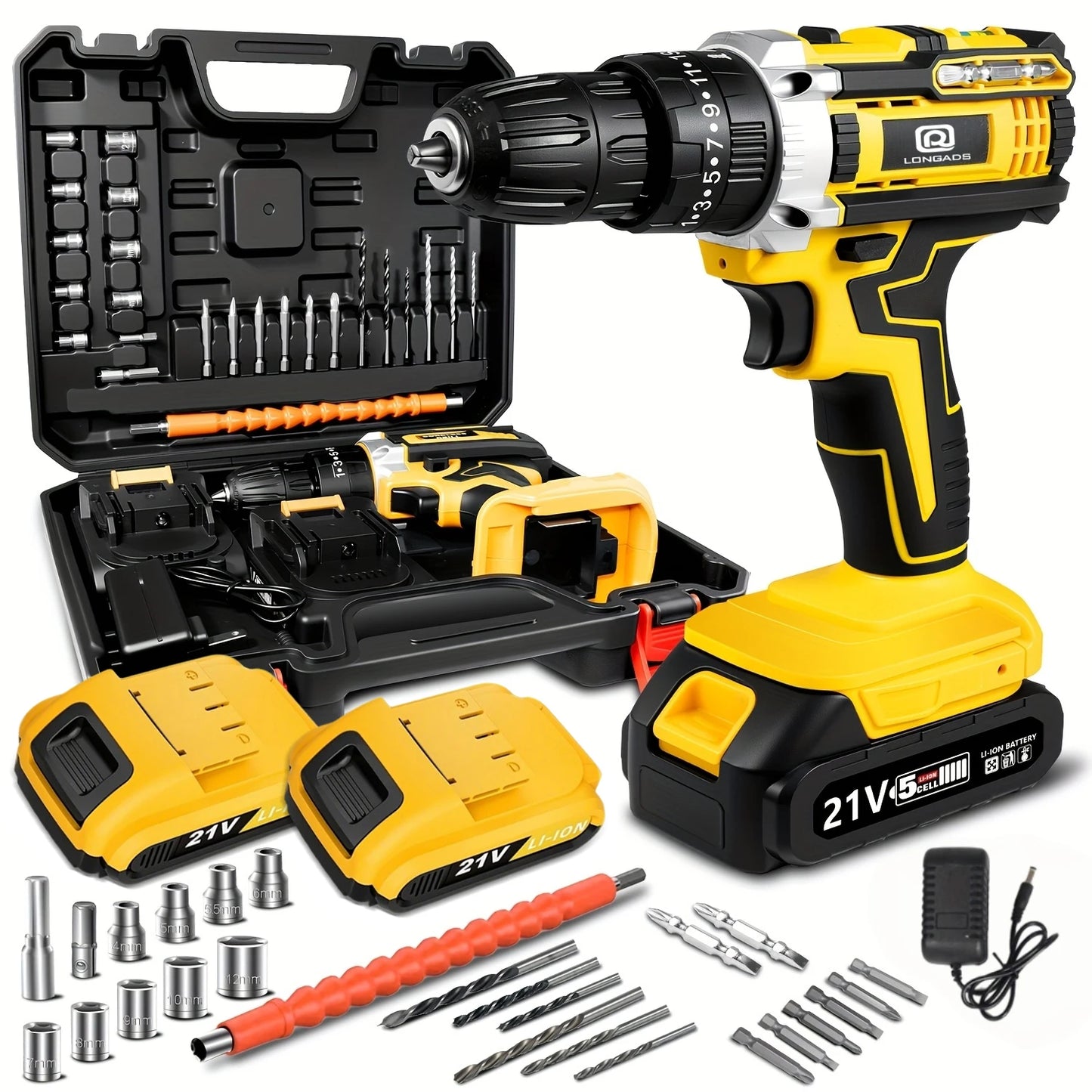 21V Cordless Drill/Driver Kit, 2 Speed, Keyless 3/8" Chase Drill with LED Light, Equipped 1 Or 2 Battery, Compact Design, 25+1Position, Kit for Home, Suitable Construction, Industry & Home Decoration, Men's Gift