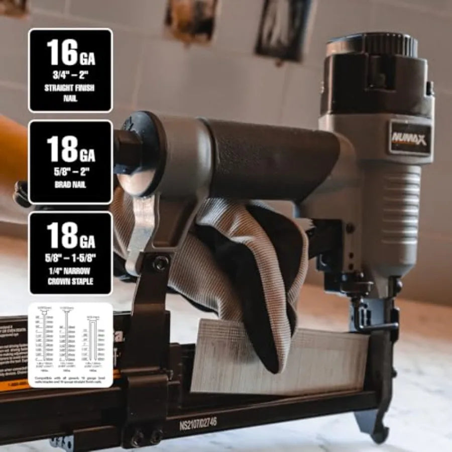 Pneumatic 3-in-1 Nail Gun with 16 GA and 18 GA Finish Nailer and Brad Nailer Functionality Multi-Purpose Air Tool Ideal f