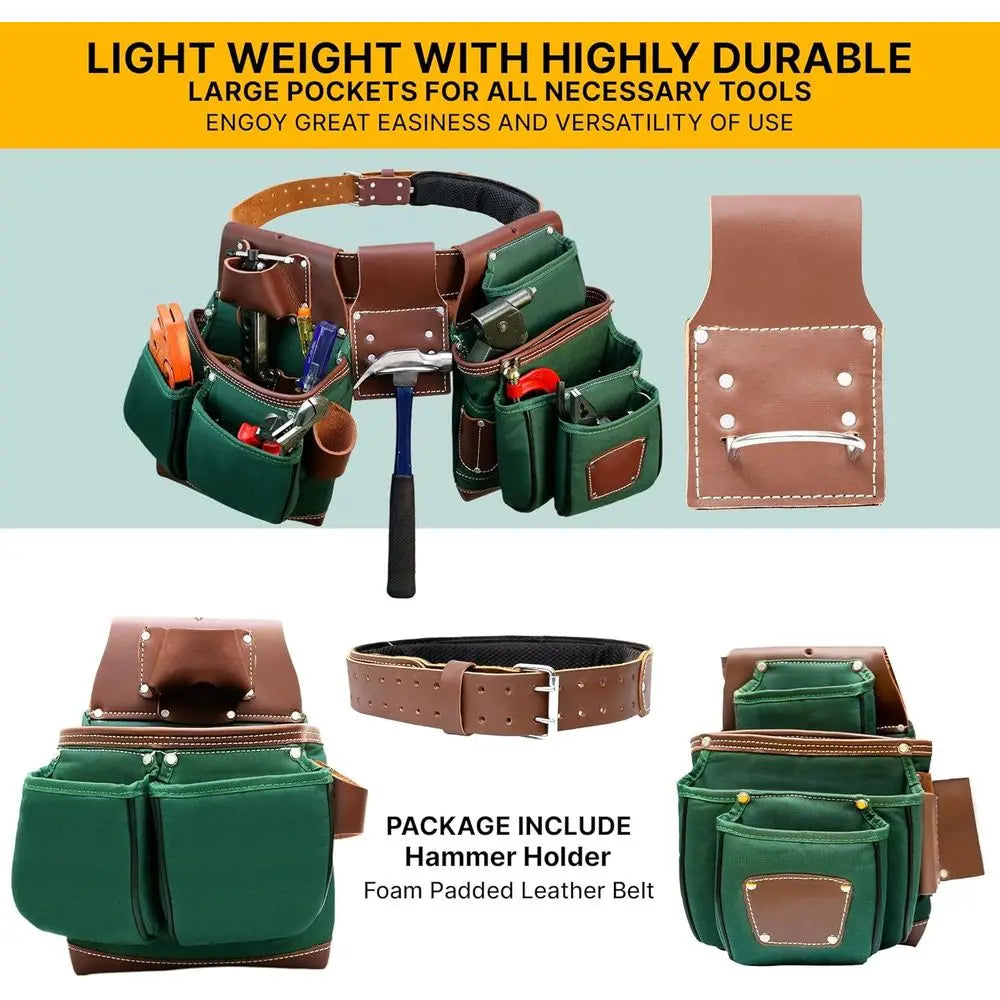Men's Heavy-Duty Leather & Nylon Tool Belts, Carpenter & Electrician's Leather Belts, Framers Bags, Utility Pouch Kits - Green