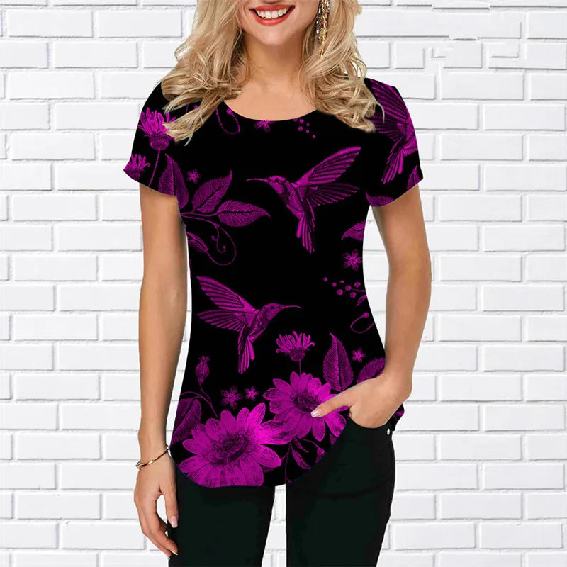 Women birdie Print Shirts Summer Short Sleeve