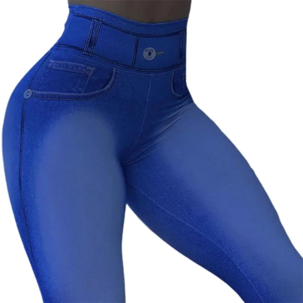 gh Waist Pockets Tummy Control Butt Lifting Fitness Leggings Gradient Color Push Up Imitation- Jeans Skinny Women Yoga Pants