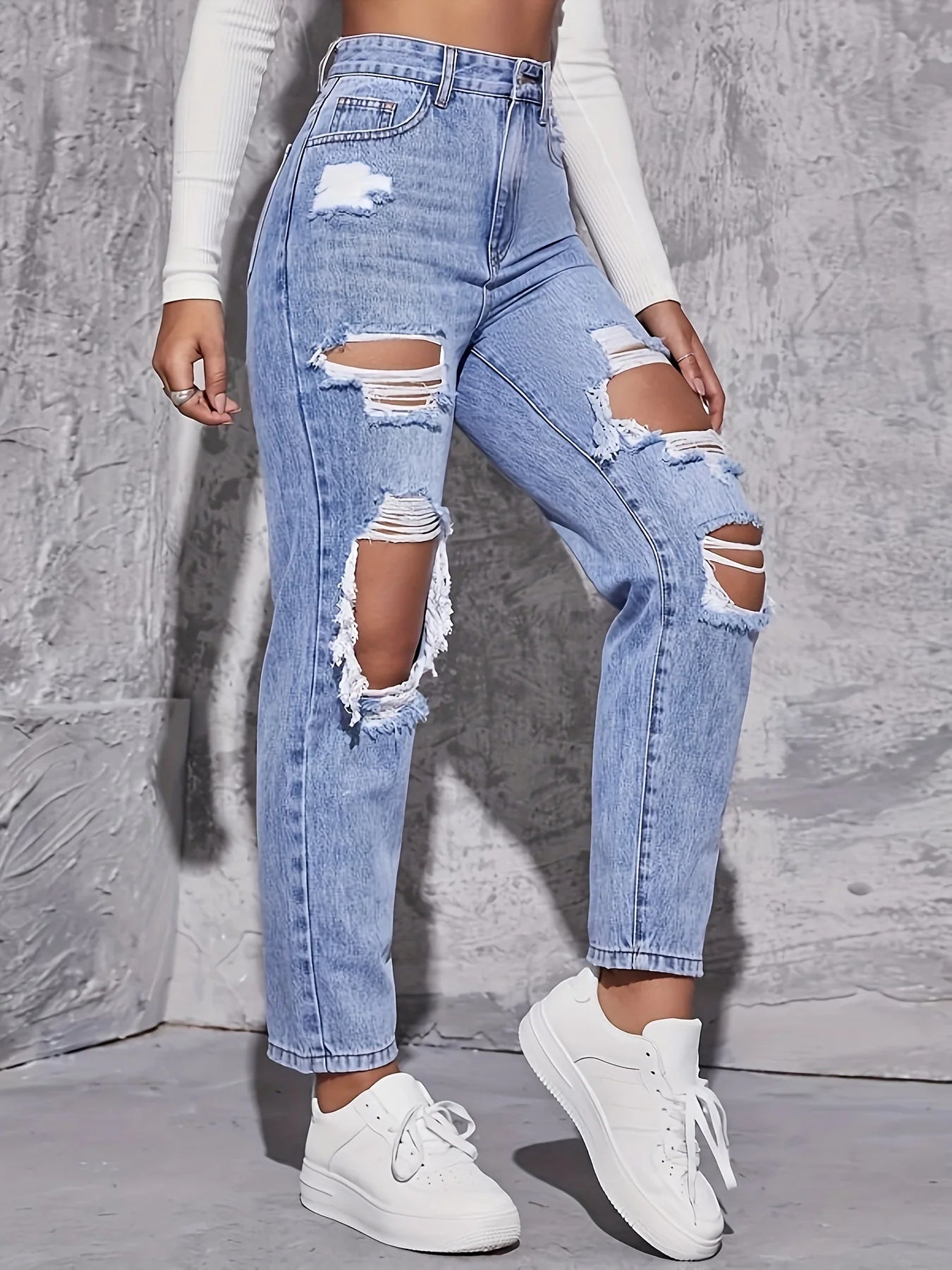 American Retro Hole-punched Jeans Women High Waist Straight-crotch Loose Slim Design High-street Vibe Wide-legged Dragging Pants