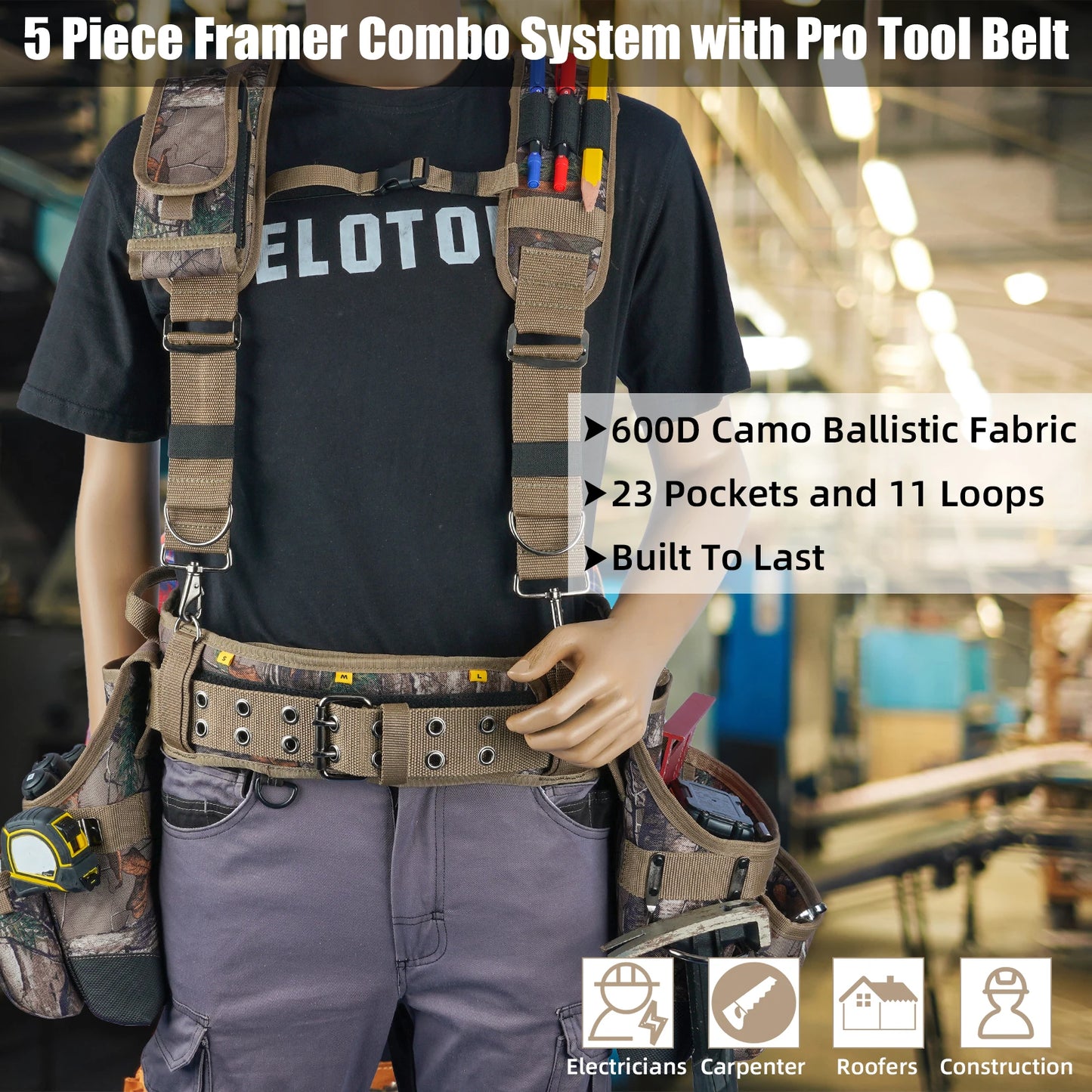 Camo Tool Belt with Suspenders Camouflage Tool Bag Supenders Framers Comb Apron Tool Belt