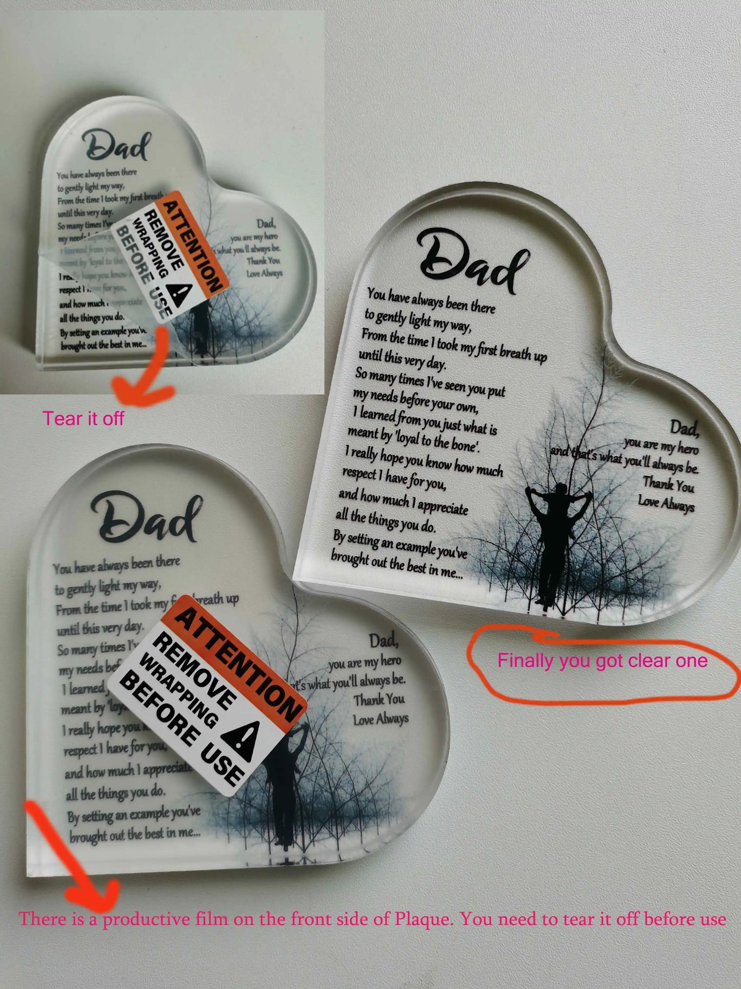 1-3PCS Heart Shape Acrylic Plaque for Dad Birthday Father's Day Thankful Quote Blessed Wish Memorial Keepsake Gift Thank you Dad