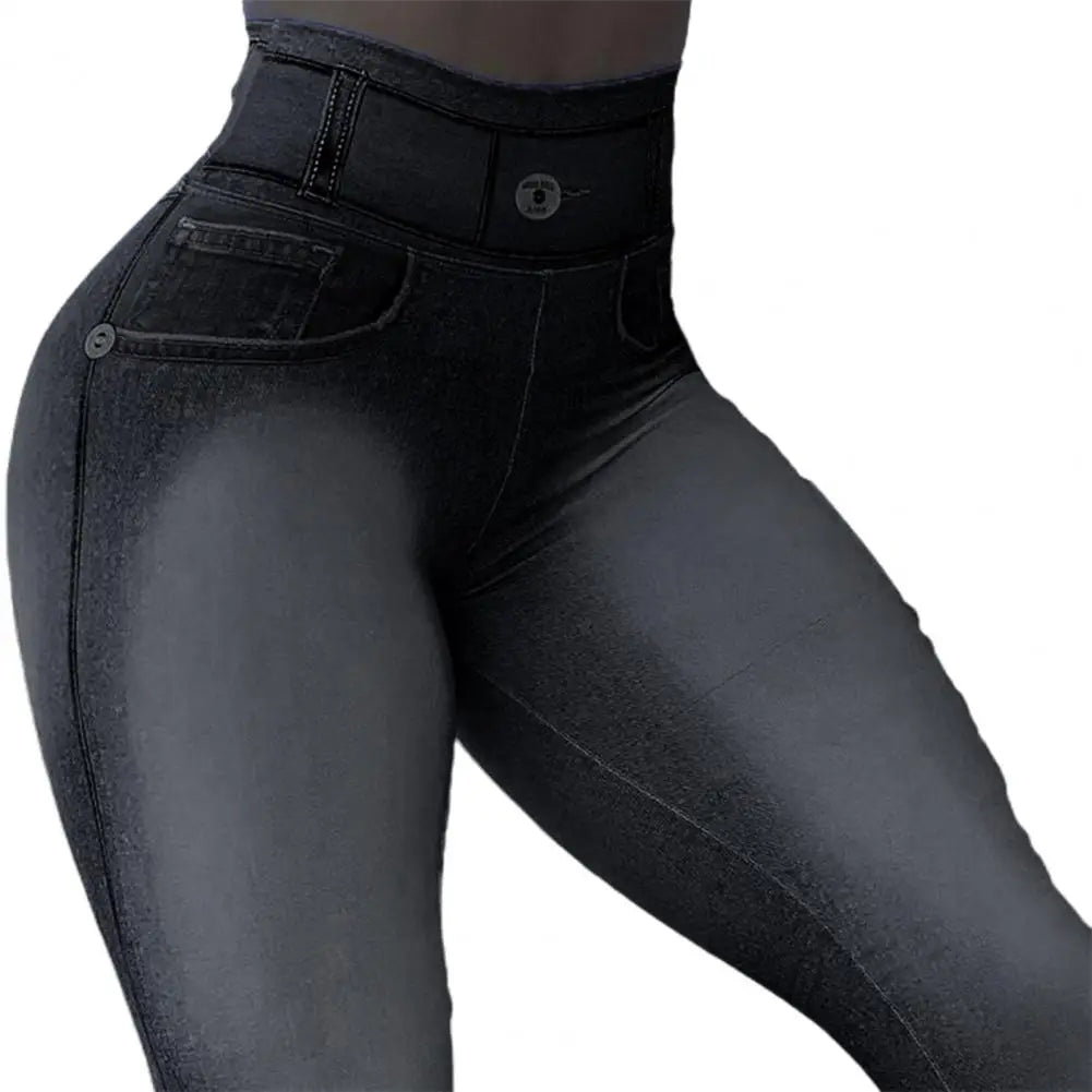 gh Waist Pockets Tummy Control Butt Lifting Fitness Leggings Gradient Color Push Up Imitation- Jeans Skinny Women Yoga Pants