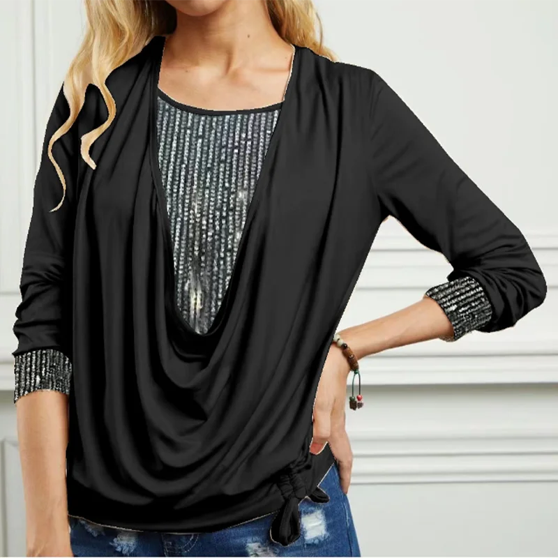 Sequin Blouse Women Luxurious Solid Color