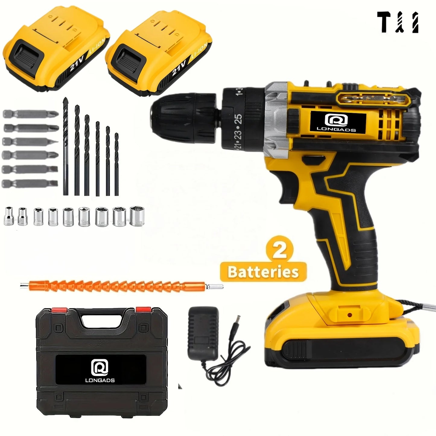 21V Cordless Drill/Driver Kit, 2 Speed, Keyless 3/8" Chase Drill with LED Light, Equipped 1 Or 2 Battery, Compact Design, 25+1Position, Kit for Home, Suitable Construction, Industry & Home Decoration, Men's Gift