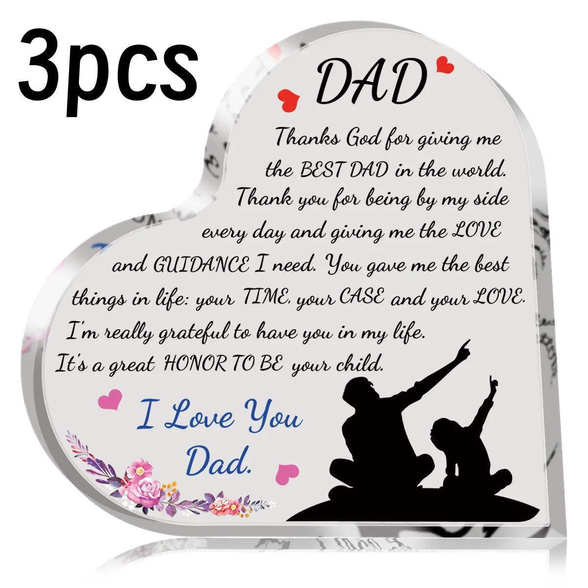 1-3PCS Heart Shape Acrylic Plaque for Dad Birthday Father's Day Thankful Quote Blessed Wish Memorial Keepsake Gift Thank you Dad