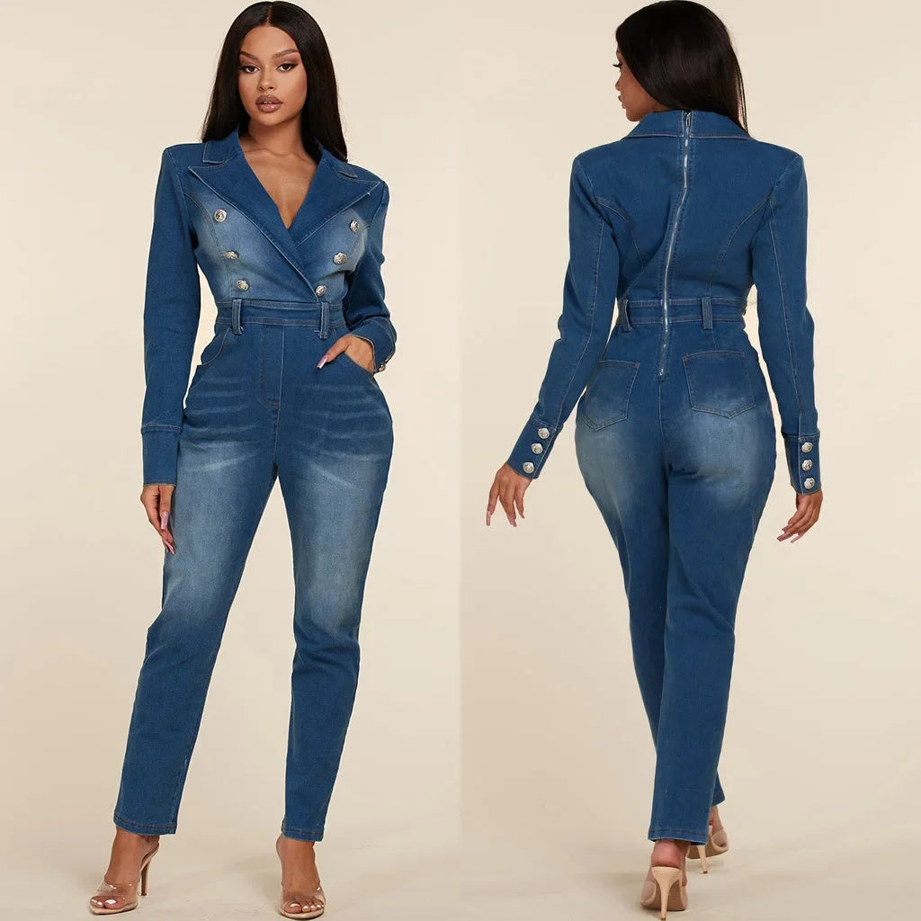 Denim Jumpsuit Women Overalls One Pieces Jean Double Breasted Turn Down Collar Vintage Elegant Streetwear Female Jumpsuits