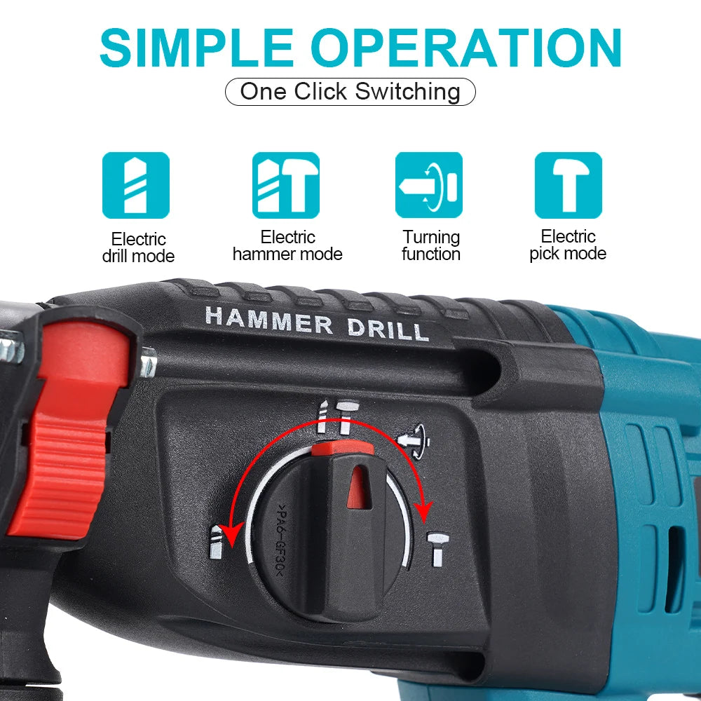 Brushless Electric Hammer Cordless Impact Drill Multi-function Rotary Hammer Concrete Electric Pick For Makita 18V Battery